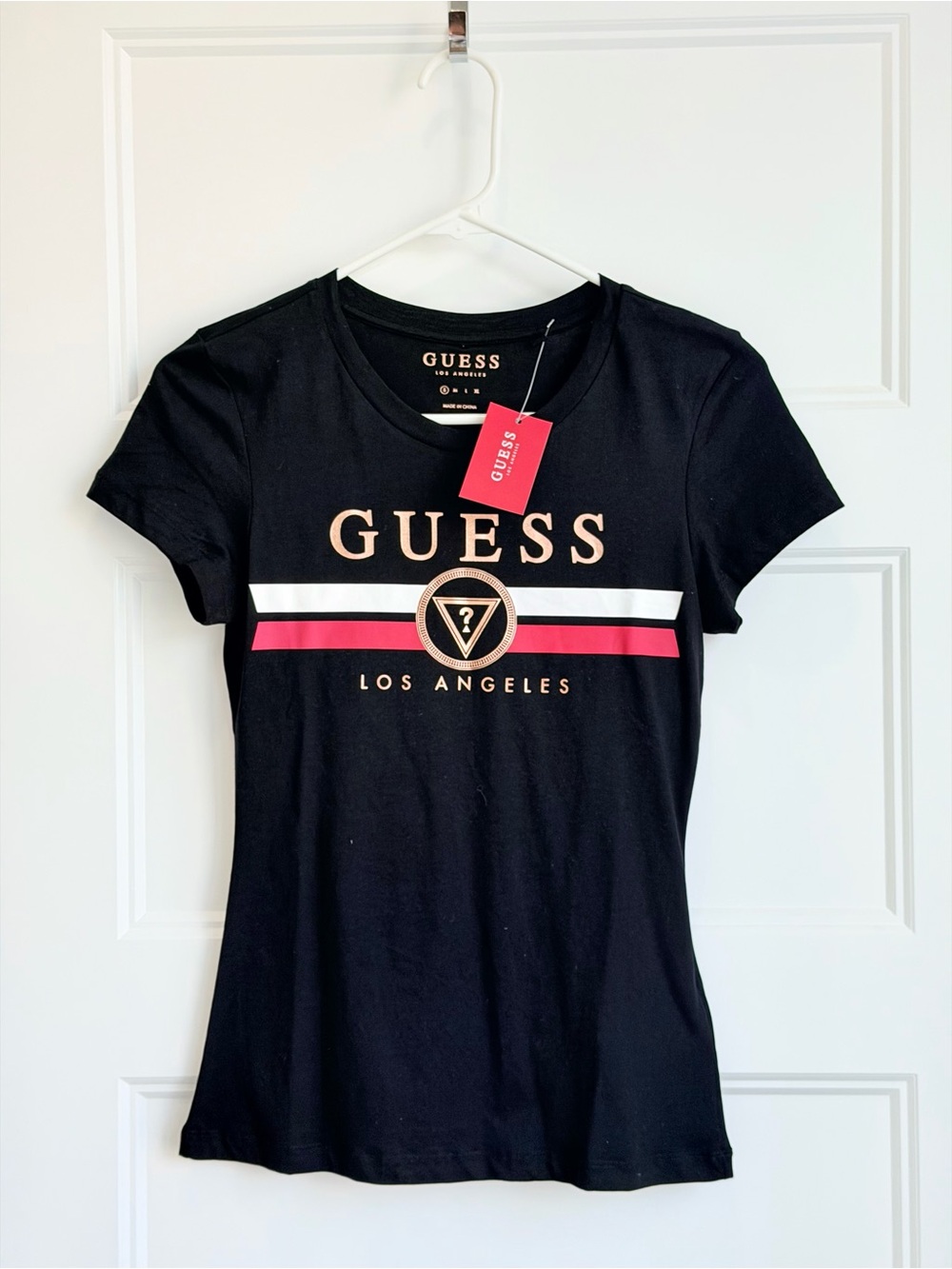 GUESS Black Short Sleeve Tee with Pink & White Stripes